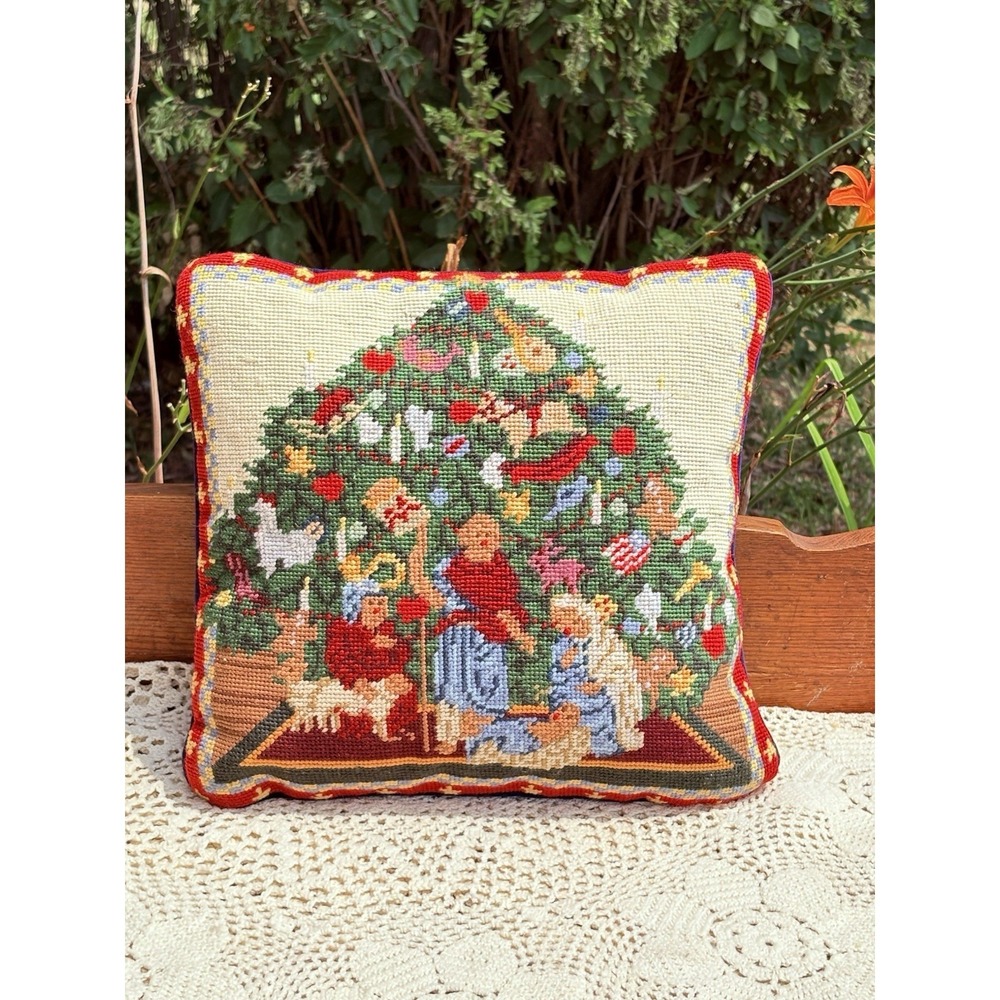 Vintage Wool Needlepoint Christmas Throw Pillow Zipper Velvet Back Tree Nativity